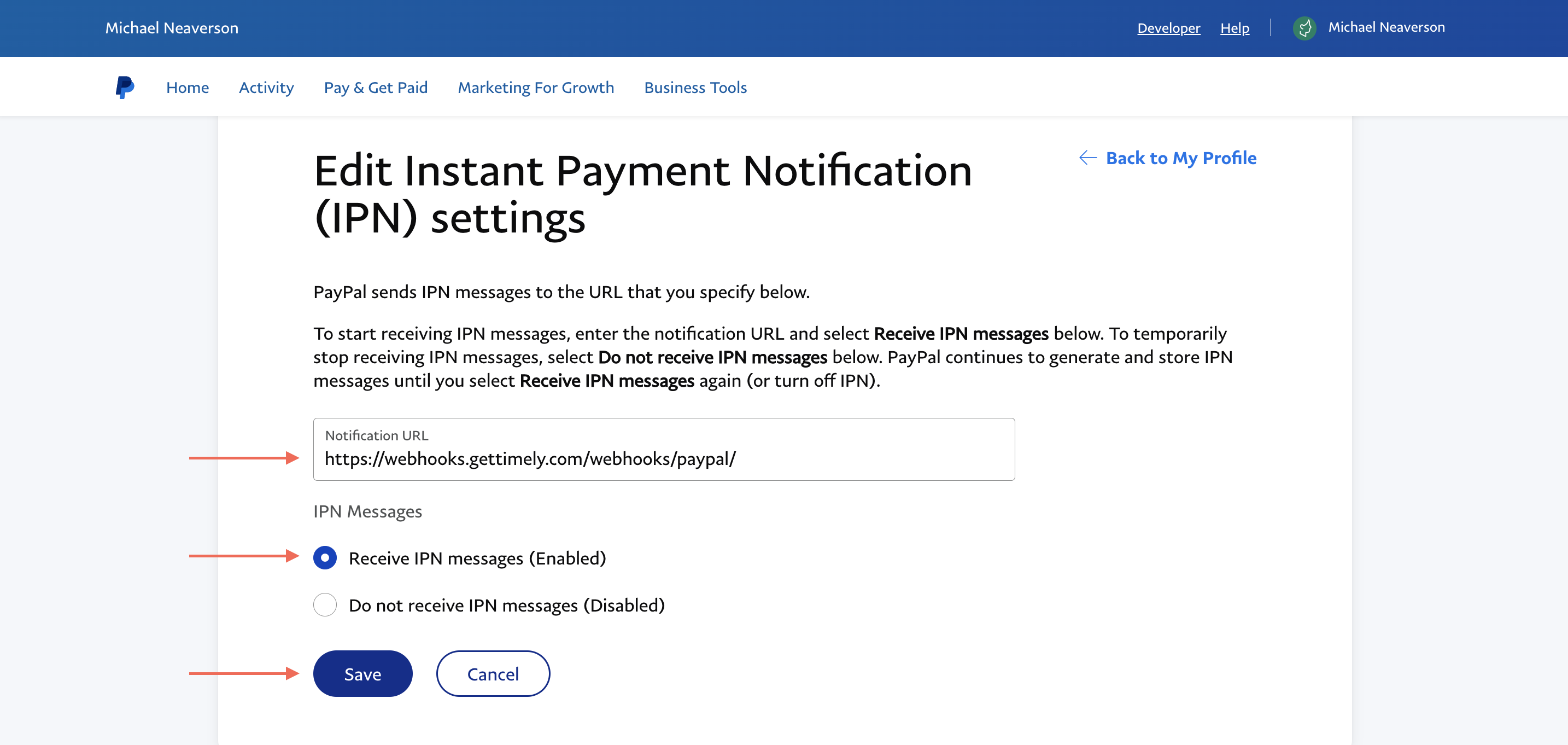 How to update your PayPal settings Timely